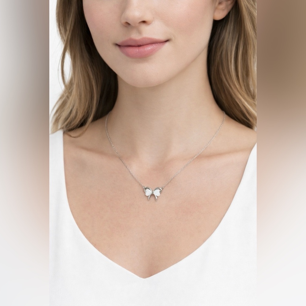 Pearl Bow Hearts Pendant Dainty SilverTone 14" Long Charm Statement Necklace NEW